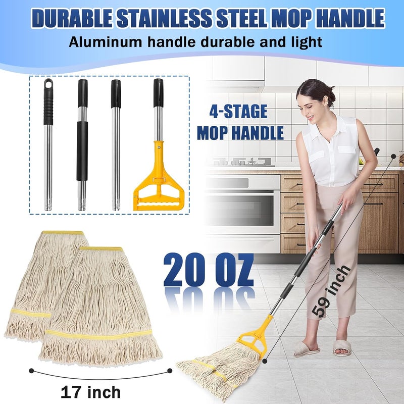 Hakfhsd 2 Pack 20ozCommercial Mop Heavy Duty Industril Cotton Mop, Cotton Commerical Industrial Grade Mop Replacements Heads for Home,mops for Floor Cleaning Heavy Duty,with 63'' Stainless Steel Mop Handle - Image 3